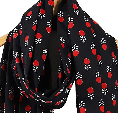 Ravaiyaa - Attitude is everything Hand Block Printed Cotton Long Stole Hijab Neck Wrap Scarf With Tassel 71 X 21 Inch (Black Floral)