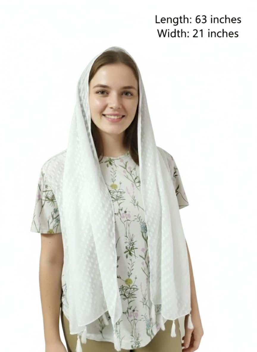 ELITE APRIL White Church Scarf, Long Chiffon Head Covering with Tassels, Traditional Catholic Style, One Size