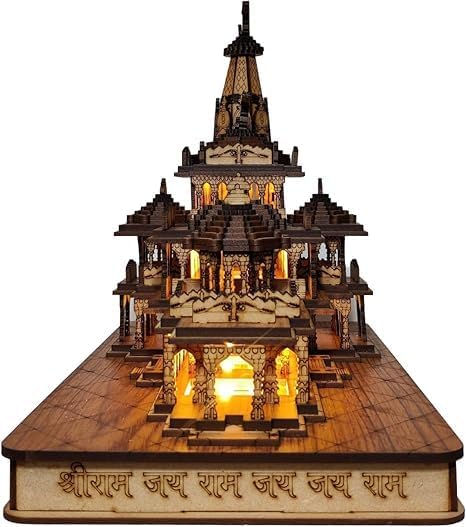 Eversky01 Handicraft LED Wooden Hand Carved Temple Multicolor Lights Shri Ram Mandir Ayodhya 3D Decorative Showpiece Wood Temple for Gift Replica Ram Janmbhoomi Home 5 INCH