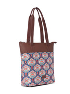 ZOUK Kovil Blue Abstract Printed Women's Jute Handcrafted Vegan Leather Brown Everyday Tote