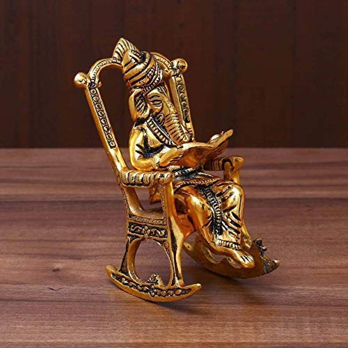 Prince Home Decor & Gifts Brass 3D Moving Lord Ganesha Statue – Intricately Crafted Idol of Ganpati Sitting on Chair Reading Ramayan – Unique Spiritual Showpiece for Home