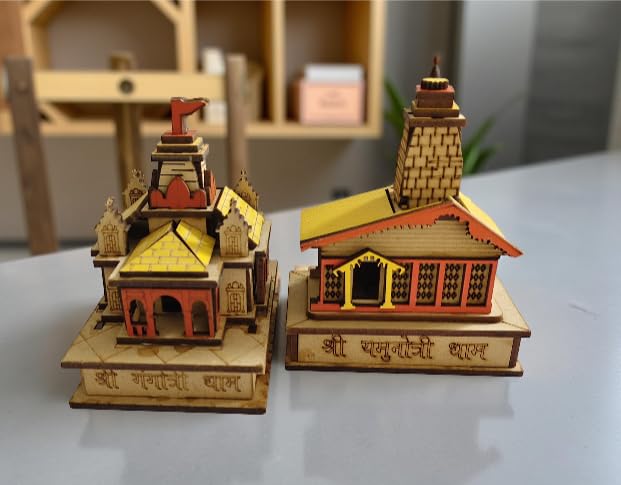 Rudram Char Dham Temple 3D Wooden Model Set, Gangotri & Yamunotri Combo, MDF Wood Multicolour Mandir for Home, Office, Car & Pooja Decor