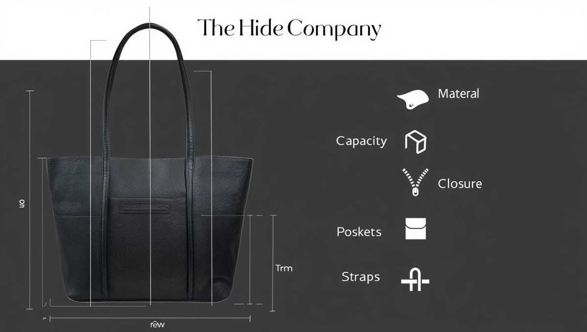 The Hide Company Women’s Genuine Leather Shopper Handbag | Oversized Black Tote Bag | Buff Calf Leather | Zip Closure | Double Handle