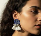 Handmade Blue & White Tassel Earrings for Women | Boho Ethnic Statement Earrings with silver beads, Artisan Crafted, Unique Style, Handcrafted Jewellery for Women