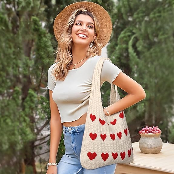 Kyrin Cute Tote Bag For Woman Red Heart Pattern Crochet Bags For Women Stylish Beach Bags For Women Crochet Tote Bag For Girls - Travel, College, Office, Shopping