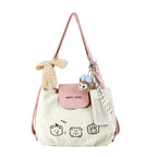 PALAY® Tote Bag for Woman Girls Beige Pink PU Leather Shoulder Bags with Plush Charm&Photocard Holder Cute Cartoon Bear Print Crossbody Bag for Books & Daily Use