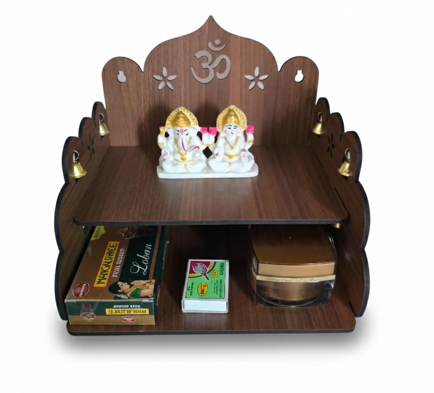 Bindian Wall Hanging Wooden Pooja Mandir for Home & Office | Two Shelf Temple with Auspicious 'Om' Engraving and Decorative Brass Bells | Medium Size Dark Brown Finish Mandap for Diwali and Gifting