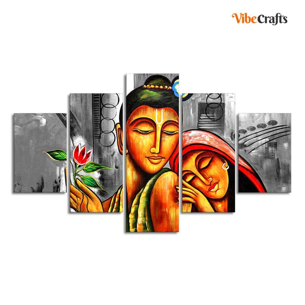 VIBECRAFTS Shree Radha Krishna Canvas Wall Painting Set of Five Pieces For Home|Office|Living Room|Gift (PTVC5Pcs1_5539)