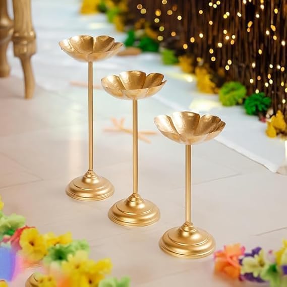 Set of 3 Golden Metal Lotus Tealight Candle Holders – Decorative Flower-Shaped Stands for Home, Festive & Wedding Decor
