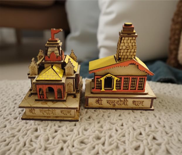 Rudram 3D Wooden Temple Model, Yamunotri & Gangotri Char Dham, Decorative MDF Showpiece for Pooja Room, Car Dashboard