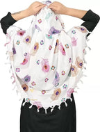 DHRUNA Pure Cotton Long Scarf Cum Mask for Women & Girls | White Feather Printed UV Protection Face Cover, Breathable Cotton Dupatta for Driving & Outdoor Wear