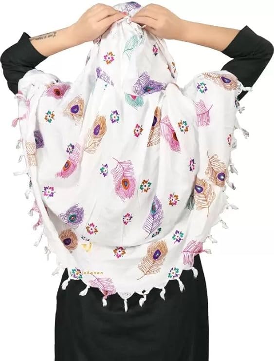 DHRUNA Pure Cotton Long Scarf Cum Mask for Women & Girls | White Feather Printed UV Protection Face Cover, Breathable Cotton Dupatta for Driving & Outdoor Wear