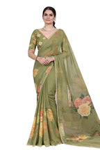 Femori Women's Georgette Floral Printed Saree, Aqua Blue with Pearl Border Detailing, Lightweight and Breathable (GREEN)