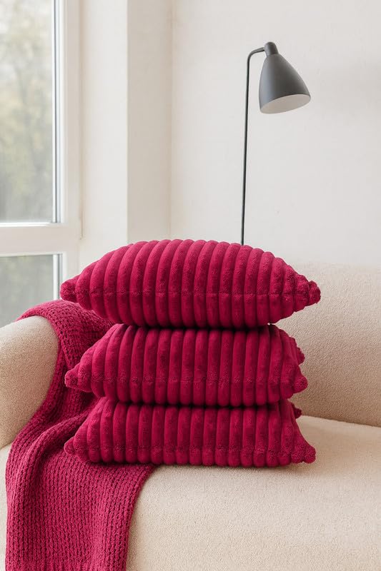 AWARD VELVETS Premium Faux Rabbit Fur Plush Luxury Soft Fluffy Striped Decorative Throw Pillow/Cushion Covers for Sofa, Couch, Living Room - (Dark Pink, 16 x 16 inch) Set of 2