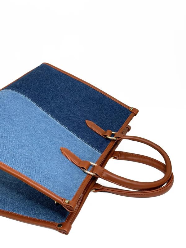 KIVOLEX Denim Laptop Tote Bag for Women | Fits 14 Inch Laptop | Office & College Handbag with Adjustable Shoulder Strap | Multi-Compartment Work Bag | Premium Denim & Vegan Leather
