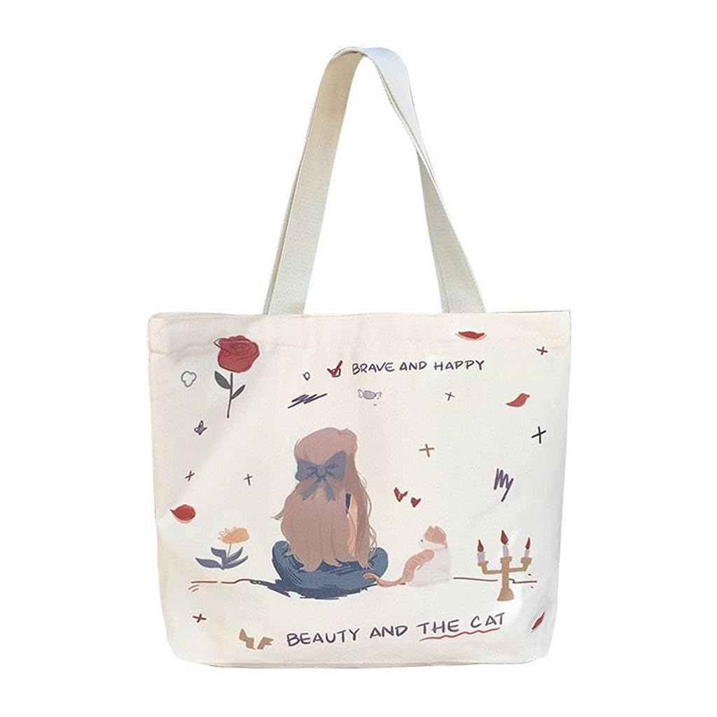 Zibuyu Cotton Canvas Tote Bag Foldable Washable Graphic Print White 1 Pc
