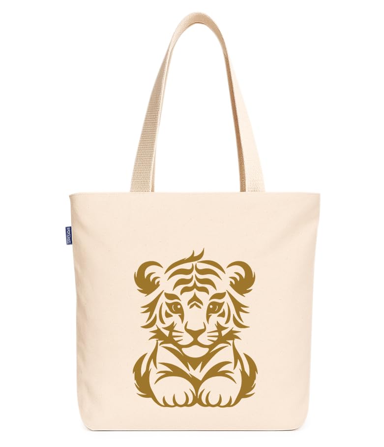 Econest Premium Canvas Tote Bags for Women with zip closer | unique tote bag for Girls, 100% Organic Cotton Tote bag | beach | gift | office, school & Daily Usable strong handbag (Cute Tiger Child)