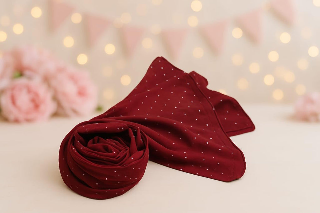 Premium Rhinestone Hijab | Korean Georgette | 70 x 30 Inch | Sparkle Scarf for Women | Soft & Lightweight Fabric (MAROON)