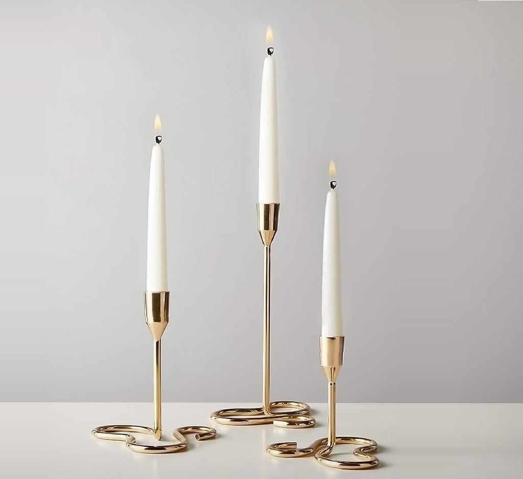 RICHIES ENTERPRISES - Golden Curve Taper Candle Holder, Candlestick Holders Taper Candle Holder, Gold Metal Candle Stand for Home & Decor - 3 Pcs Candle Stick Holders Set (L + M + S)