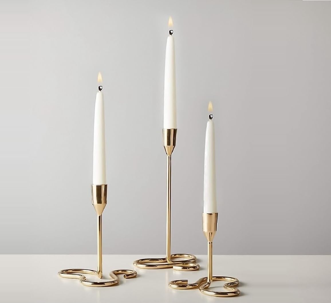 RICHIES ENTERPRISES - Golden Curve Taper Candle Holder, Candlestick Holders Taper Candle Holder, Gold Metal Candle Stand for Home & Decor - 3 Pcs Candle Stick Holders Set (L + M + S)