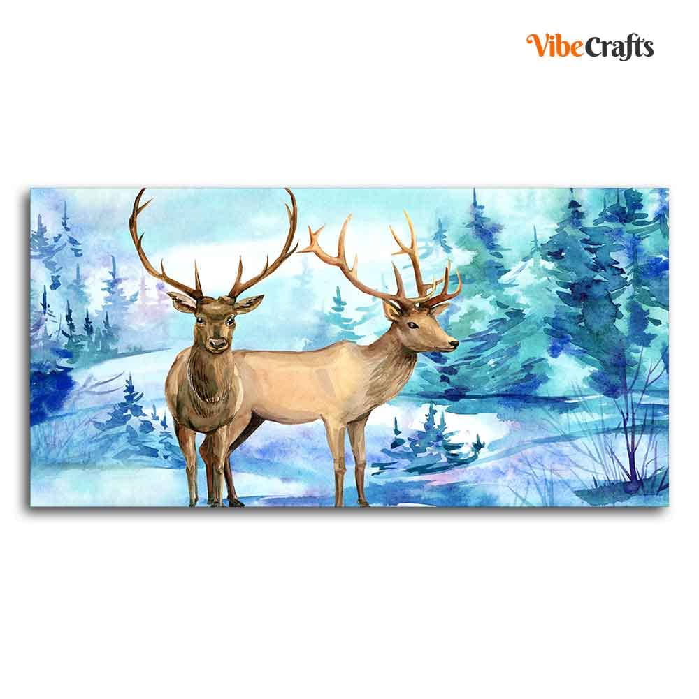 VIBECRAFTS Canvas Paintings for Living Room Drawing Beautiful Pair of Deer in Snow Covered Forest Wall Painting Art Fitted with Wooden Frame Home | Office | Gift (PTVCH_2260)