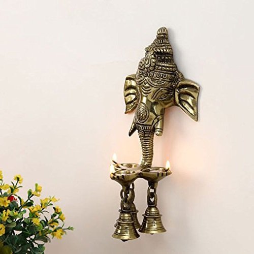 ARTVARKO™ Brass Ganesh Ganesha Wall Hanging Idol Oil Lamp Three Diyas and Bells Puja Gifting Entrance Home Decor Idol 9.5 Inch.