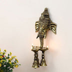 ARTVARKO™ Brass Ganesh Ganesha Wall Hanging Idol Oil Lamp Three Diyas and Bells Puja Gifting Entrance Home Decor Idol 9.5 Inch.