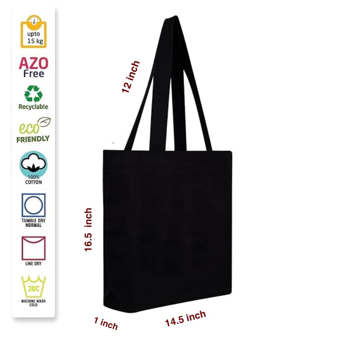 CrownLit Large Cotton Tote Bag, 16 x 14.5, Holds Up to 15-20kg, 300GSM Thick Fabric Quality. Multiple Uses, Sets of 2, Black