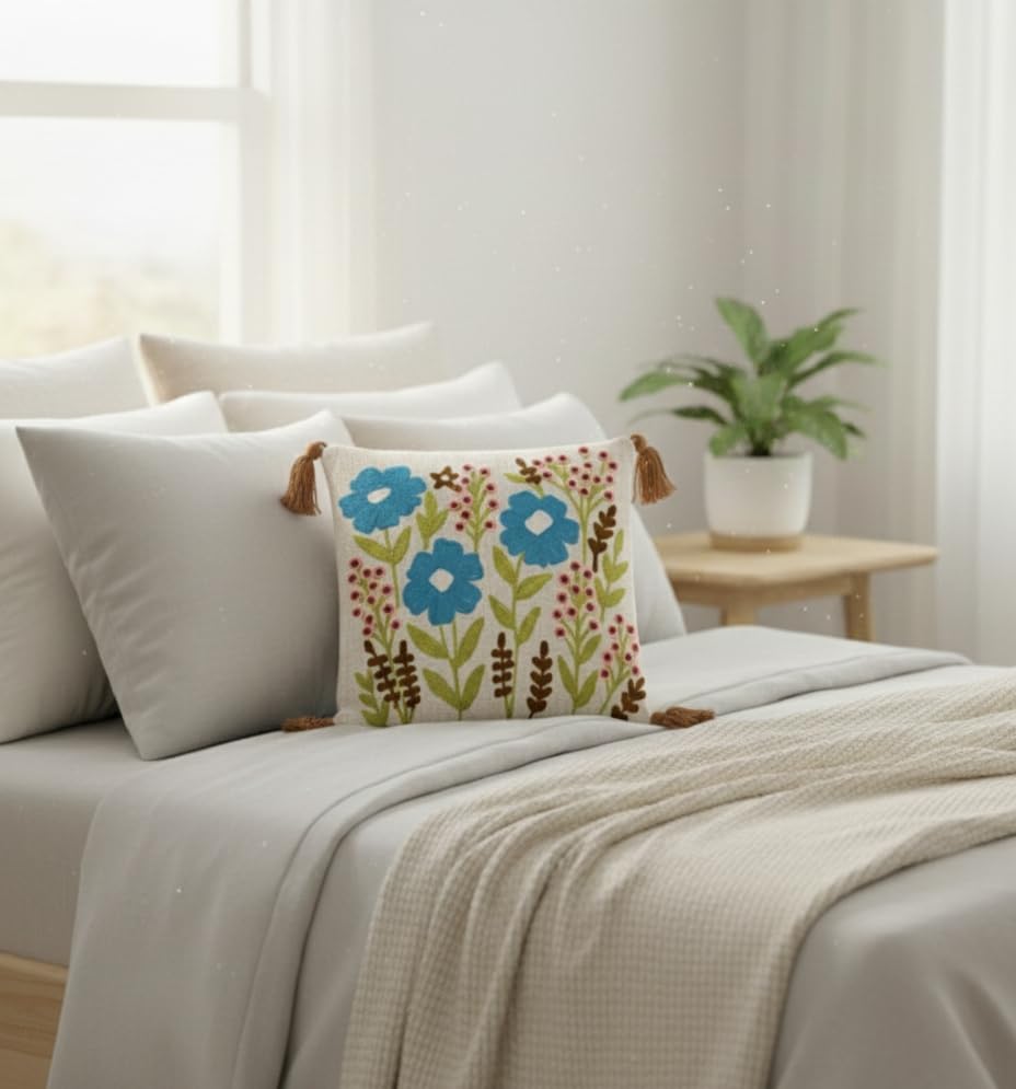 Furnistitchs Handmade Tufted Boho Cushion Covers 12x12 Inches | Embroidered Sofa Pillow Cases | Rustic Bohemian Decorative Throw Cushions for Couch Bedroom Living Room (2, Blue Bellflower)
