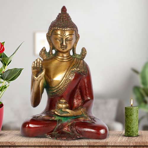 ARTVARKO Brass Lord Buddha Blessing in Abhaya Mudra Statue Idol Cherry Gold Finish 6 Inches