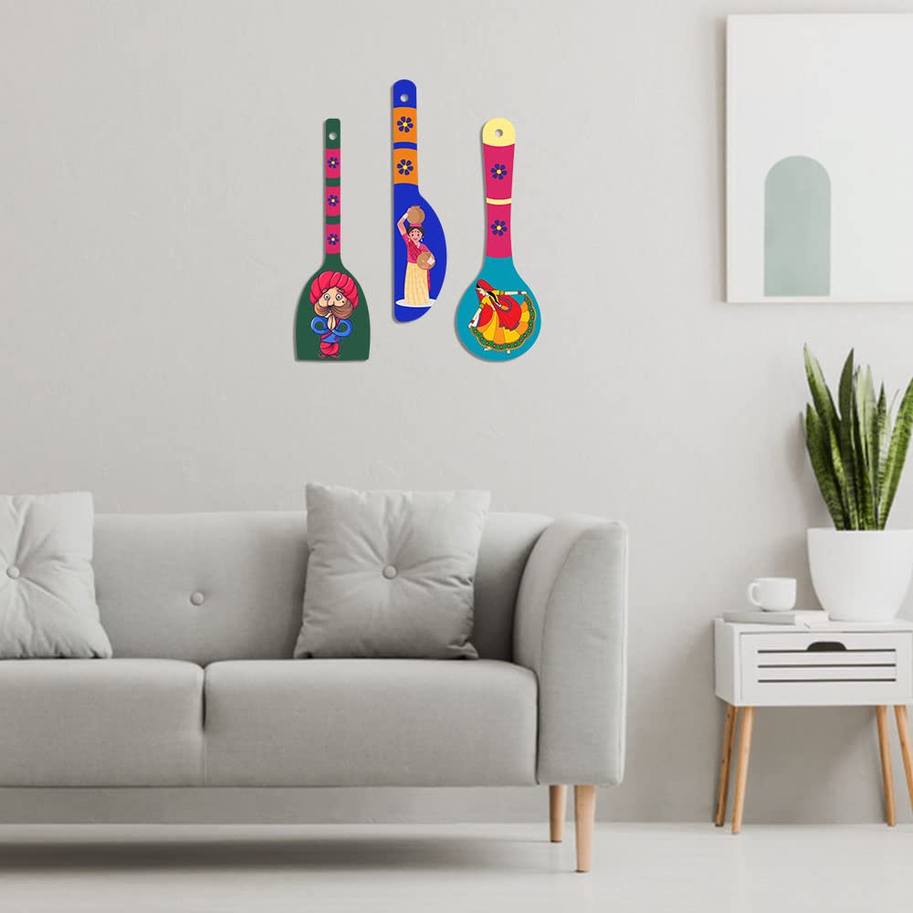 Artvibes Traditional Indian Rural Art Caricature Decorative Wall Art MDF Wooden Wall Hanger for Living Room | Home Decor | Wall Accent | Wall Art Print | Unique Gift Items (WH_5017N), Set of 3
