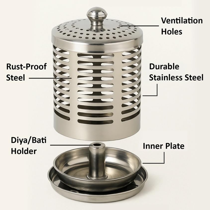 SHRUSTI 5.5 Inch Stainless Steel Candle Lantern with Ventilated Lid | Decorative Metal Tealight Holder with Flame Guard | Tabletop Diya Cover for Home Decor, Pooja, Balcony & Indoor Outdoor Use