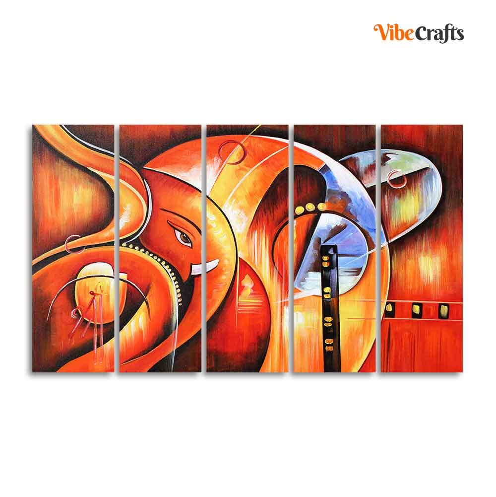 VIBECRAFTS Beautiful Hindu Ganesha 5 Pieces Canvas Wall Painting For Home | Office | Living Room | Gift (PTVC5Pcs4_8532)