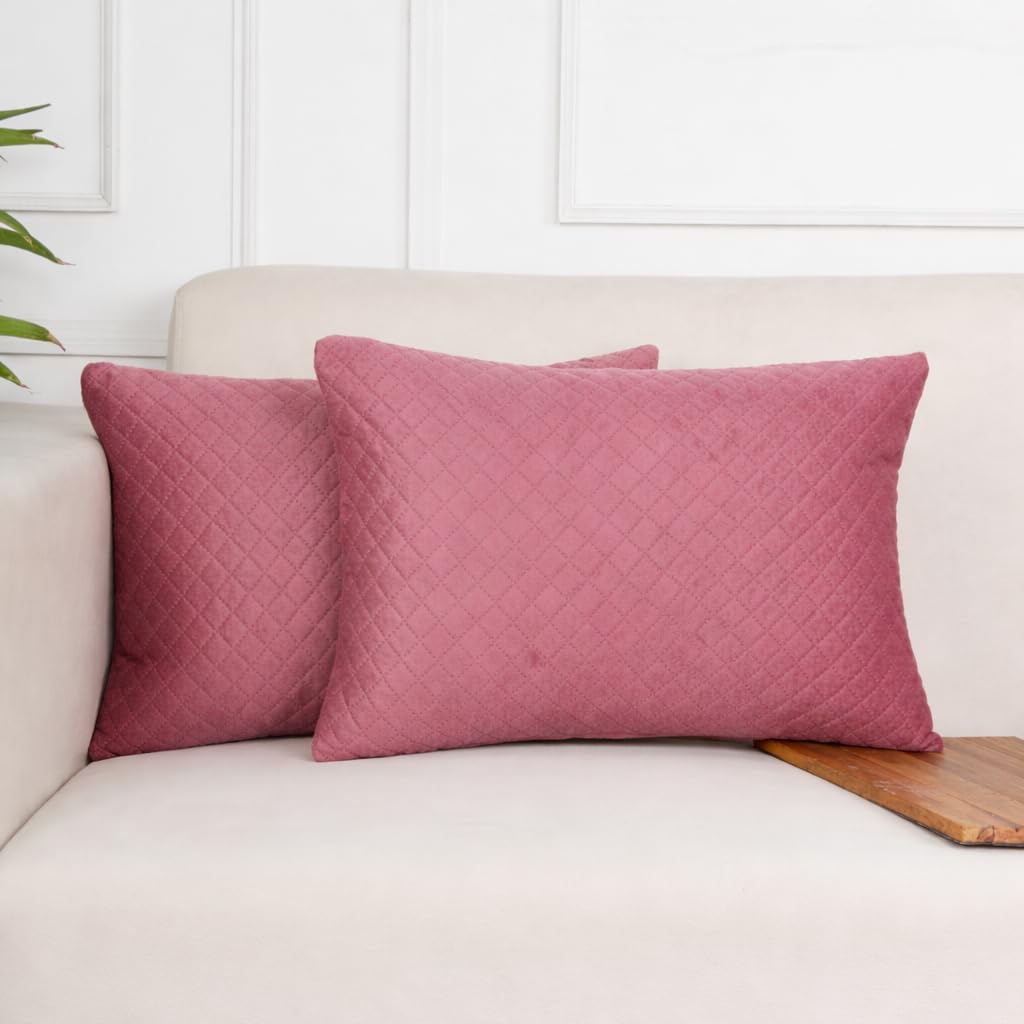 STITCHNEST Quilted Velvet Cushion Covers Set of 2 | Soft Peach | 12x18 Inches | Premium Sofa & Living Room Décor