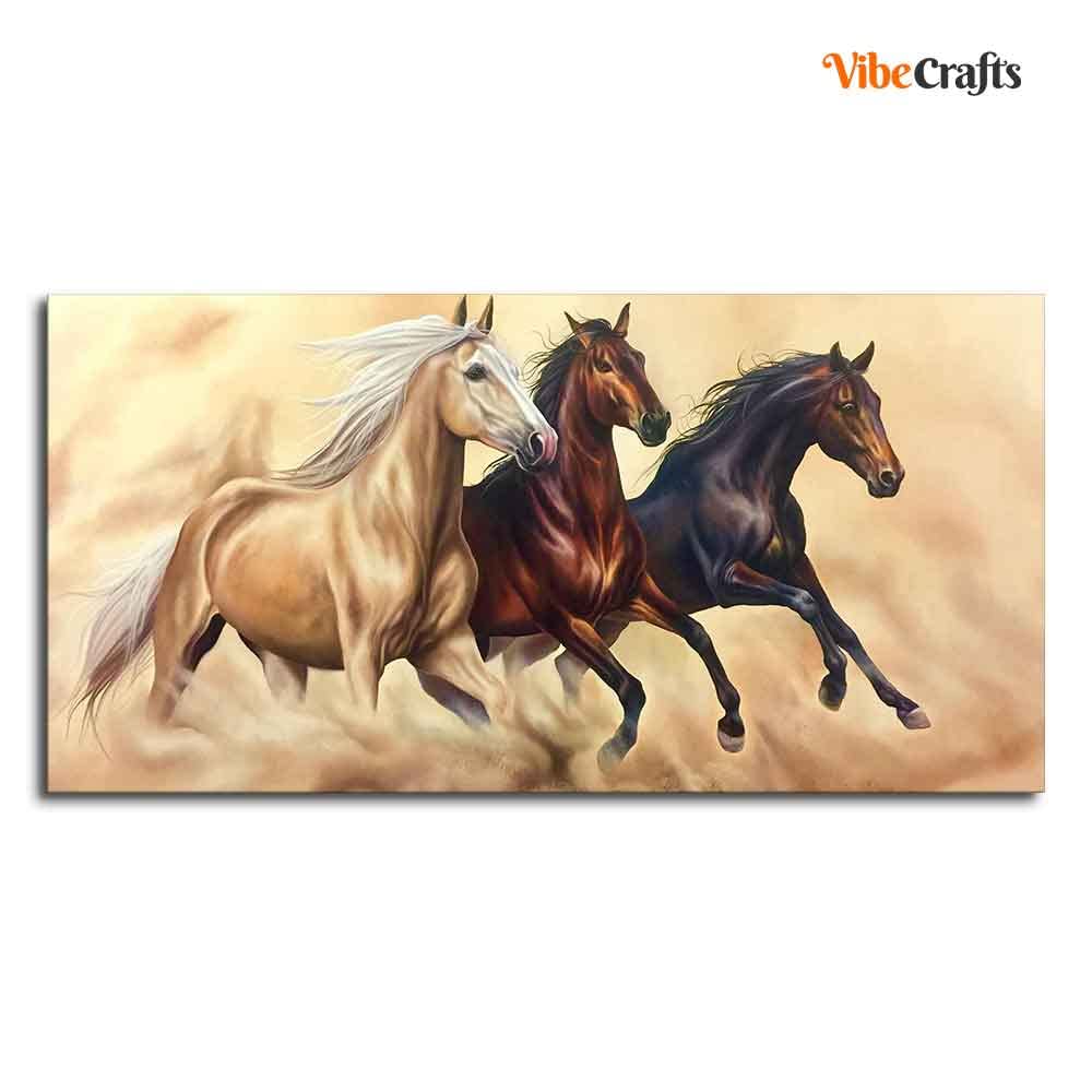 Homcraft Canvas Paintings for Living Room Drawing Room Three Horses Running Wall Painting Fitted With Wooden Frame for Home | Office | Gift (PTVCH_2334)