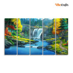 VIBECRAFTS Beautiful Scenery of Waterfall in Forest Canvas Wall Painting Set of Five For Home|Office|Living Room|Gift (PTVC5Pcs4_8662)