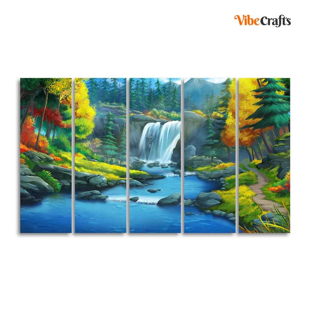 VIBECRAFTS Beautiful Scenery of Waterfall in Forest Canvas Wall Painting Set of Five For Home|Office|Living Room|Gift (PTVC5Pcs4_8662)