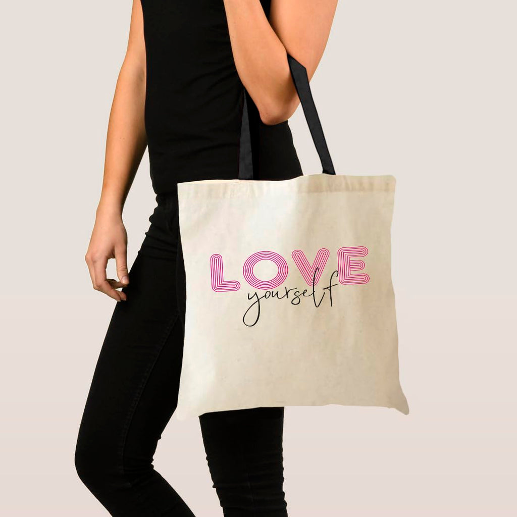 Peach Blossom Tote Bags With Zip, 100% Cotton Shopping/Grocery Bag, Multi-Purpose Canvas Bag 5kgs Capacity, Single Pack (Cbag_ZIP_WhiteLoveurself_BlackBotlefolwr)