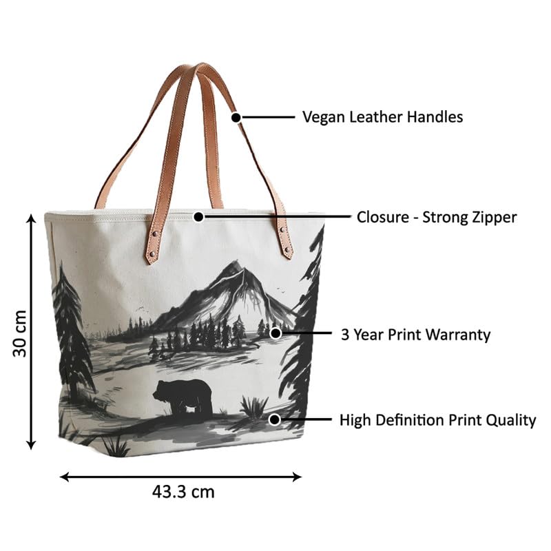 The Purple Tree Oversized Tote Bag For Women, White, 43.3 cm x 30 cm x 13 cm, Canvas with Faux Leather Handles, Zip Closure, 10 kg Capacity, Perfect for Travel, Shopping, or Gifts