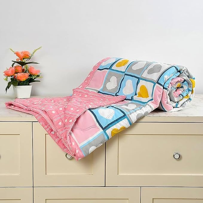 Summer Blanket 100% Cotton Reversible Ac Comforter and Cooling | Classic Printed Design | Quilt | Dohar Single/Double Bed Quilt Ideal for Gifting (Heart Pink Color Desing, Double) Kafalo