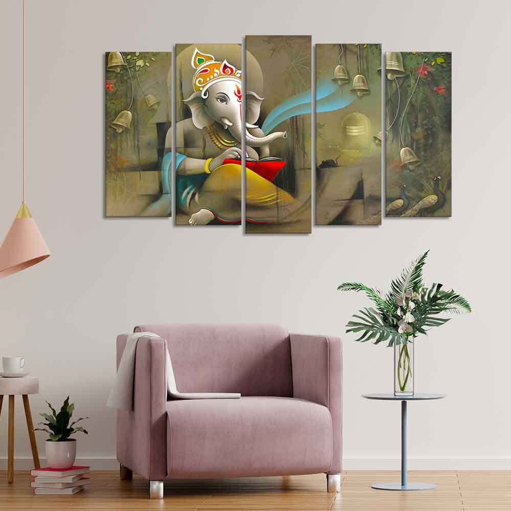 VIBECRAFTS Beautiful Shree Ganesh Premium Wall Painting Set of Five Pieces For Home|Office|Living Room|Gift (PTVC5Pcs2_6549)