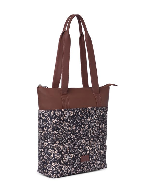 ZOUK Flomotif Floral Printed Women's Jute Handcrafted Vegan Leather Black Everyday Tote