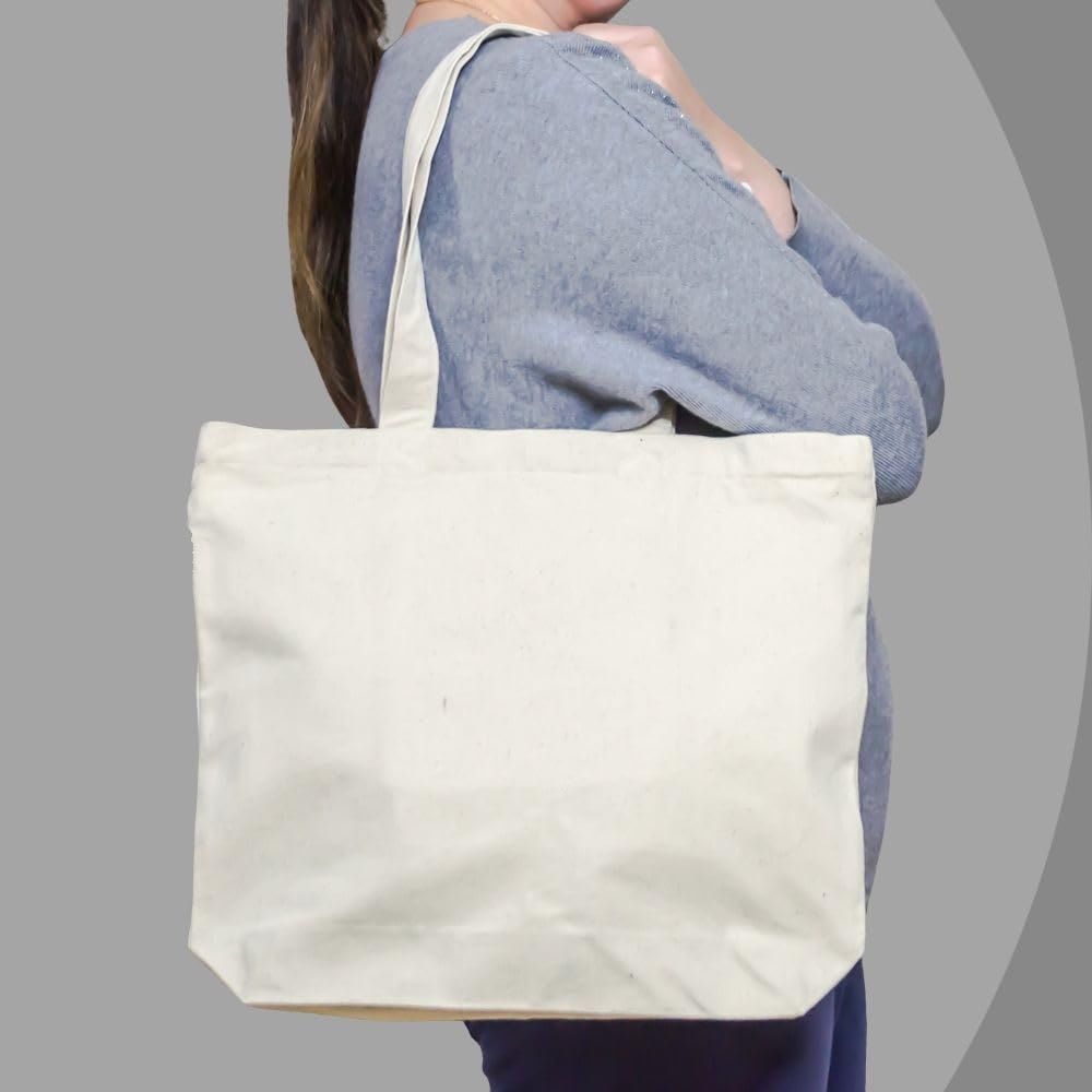Plain Natural/Black Horizontal Cotton Canvas Tote Bag Zip & Inner Pocket