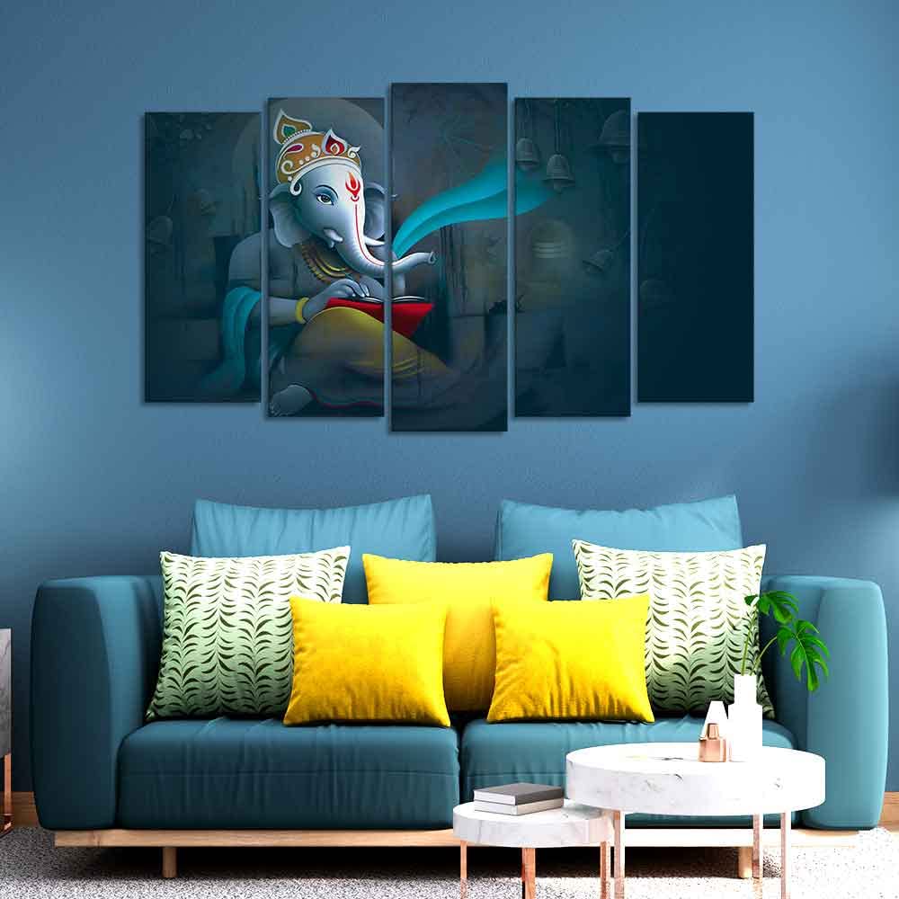 VIBECRAFTS Auspicious Shri Ganpati Canvas Wall Painting of Five Pieces For Home|Office|Living Room|Gift (PTVC5Pcs2_6541)