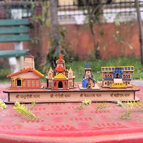 A & S VENTURES Wooden 3D Char Dham Model of Yamnotri, Gangotri, Kedarnath & Badrinath Dham Mandir Temple '3D' Wall-Hanging Model Char Dham yatra for Office, Home, Temple,Gift.