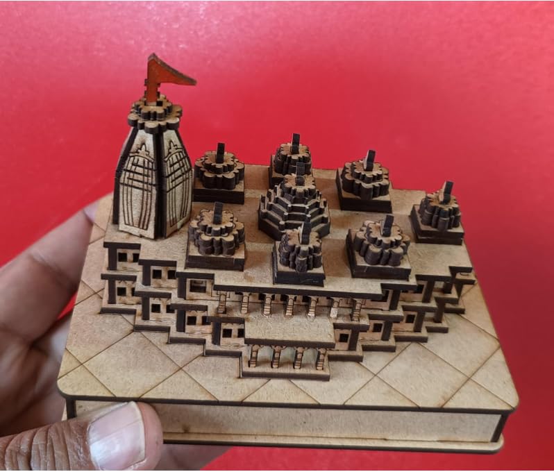 Prem Mandir Wooden Model, 3D Temple Replica with Intricate Architecture and Flag (Pack of 1)