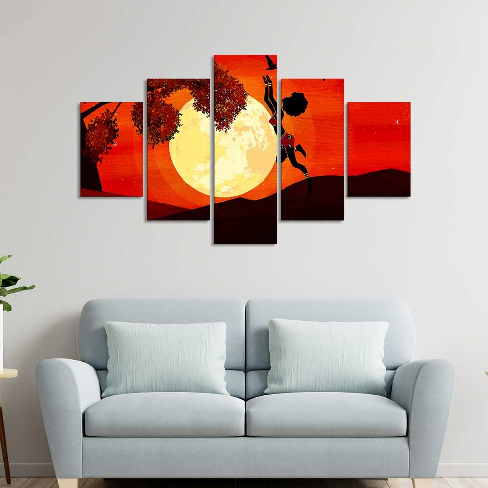 VIBECRAFTS Girl Catching Bird Premium Wall Painting Set of Five For Home|Office|Living Room|Gift (PTVC5Pcs1_5536)