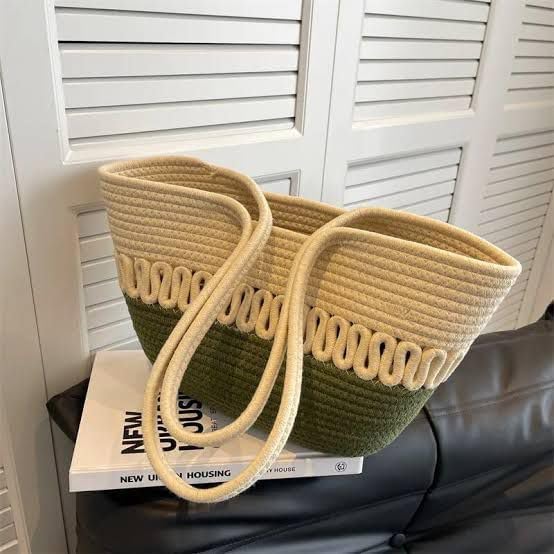 Attractive Hand Bag | Extra large Tote Bag | Summer Bag | Bucket Bag | Basket Bag | Bamboo Tote | Beach Bags for Women | Boho Bag | Kauna Bag | Handbag | Jute Bag | Handmade Bag (Green & Beige)