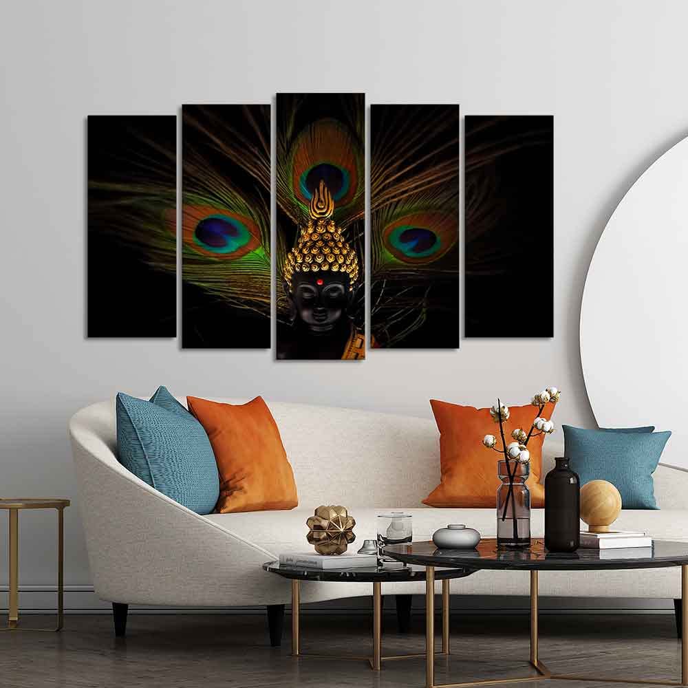 VIBECRAFTS Buddha With Peacock Feather Wall Painting of Five Pieces Set For Home|Office|Living Room|Gift (PTVC5Pcs2_6616)