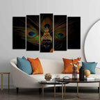 VIBECRAFTS Buddha With Peacock Feather Wall Painting of Five Pieces Set For Home|Office|Living Room|Gift (PTVC5Pcs2_6616)